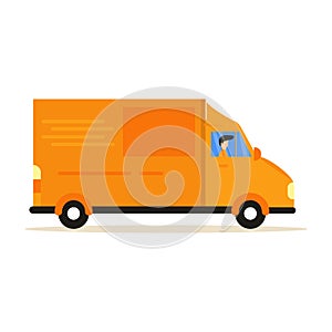 Fast delivery van. Courier provides free delivery of goods or postal parcels to the address. Vector illustration in flat style