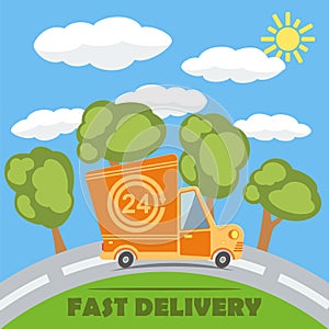 Fast delivery van truck with 24 hour vinyl logo. Vector.