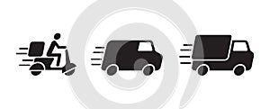 Fast delivery vehicles icon symbol. Motorcycle truck and van delivery. Silhouette flat design for apps and websites.