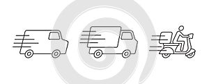 Fast delivery vehicles icon symbol. Motorcycle truck and van delivery. Thin line design for apps and websites.