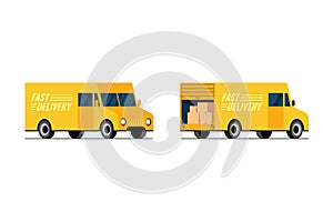 Fast delivery yellow truck side front and back view set. Express shipping service van concept. Isometric 3d styled flat
