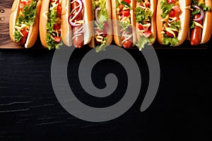 fast dog american background hot bar-b-q meat food sausage bread sauce. Generative AI.