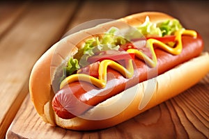 fast dog american snack sausage sauce hot bread meat background food. Generative AI.