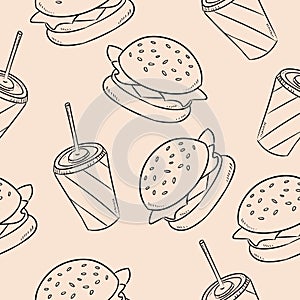 Fast dood burger and soda seamless pattern