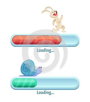 Fast download bar. Business concept of computer internet conection type quick rabbit and slow snail in dynamic poses