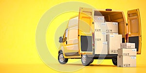 Fast espress delivery concept. Rear view of yellow delivery van with cardboard boxes on yellow background