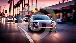 Fast ev Electric car speed cruise in Los Angeles city, Sunset boulevard, motion blur, panning shot