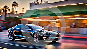 Fast ev Electric car speed cruise in Los Angeles city, Sunset boulevard, motion blur, panning shot