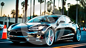 Fast ev Electric car speed cruise in Los Angeles city, Sunset boulevard, motion blur, panning shot