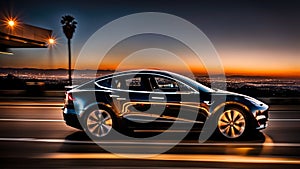 Fast ev Electric car speed cruise in Los Angeles city, Sunset boulevard, motion blur, panning shot