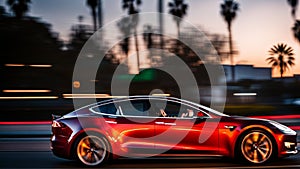 Fast ev Electric car speed cruise in Los Angeles city, Sunset boulevard, motion blur, panning shot