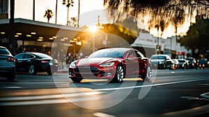 Fast ev Electric car speed cruise in Los Angeles city, Sunset boulevard, motion blur, panning shot