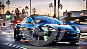 Fast ev Electric car speed cruise in Los Angeles city, Sunset boulevard, motion blur, panning shot