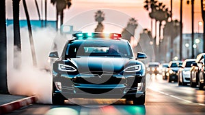 Fast ev Electric car speed cruise in Los Angeles city, Sunset boulevard, motion blur, panning shot