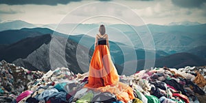 fast fashion pollution large pile of clothes garbage waste, woman standing on trash stack concept of textile industry impact on