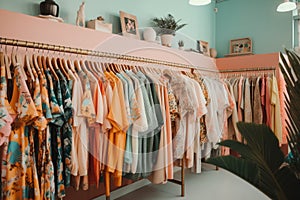 fast fashion store, with collection of clothing in pastel hues and bold prints