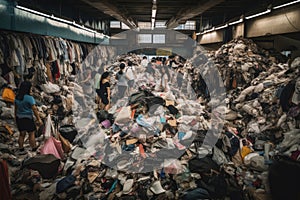 fast-fashion store, with customers picking out their next outfit amidst pile of discarded clothing