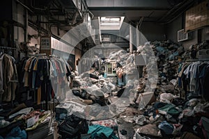 fast-fashion store, filled with discarded clothing and other textiles in chaotic pile