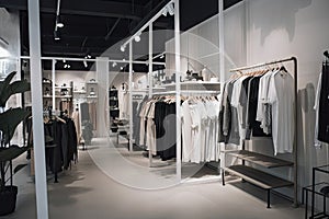 fast fashion store, with racks of clothing and accessories changing seasonally