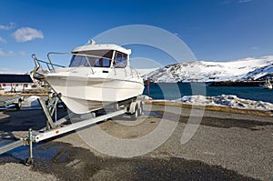 Fast fishing boat on a trailer