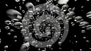 Fast flight through an underwater water cloud of bubbles on a black background. Bubble mass flow. Loop. 3d animation in 4K Ultra