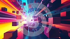 Fast floating blocks, horizontal lines in space, computer generated abstract background, 3D rendering backdrop