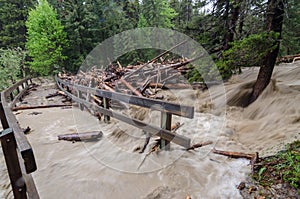 Fast flooding and logs and debris against pedestrian bridge