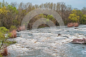 Fast flowing cold water mountain stream, flowing stormy stream stream, nature outdoors, fresh stream dark blue water