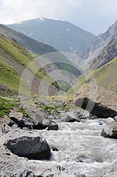 A fast-flowing mountain river in the Greater Caucasus range, Shahdag National Park, Azerbaijan