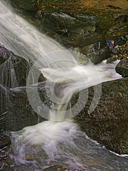 Fast flowoing water of Bentley Brook creates multiple waterfalls