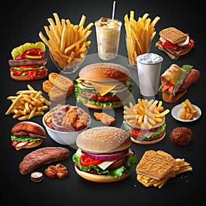 Fast food 3D cartoon illustration: French fries, burger