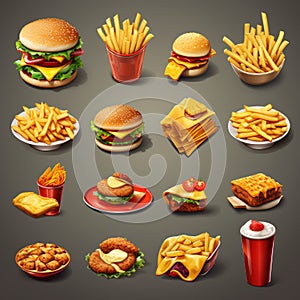 Fast food 3D cartoon illustration: French fries, burger