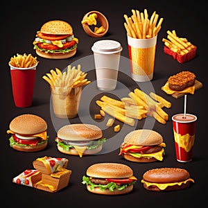 Fast food 3D cartoon illustration: French fries, burger