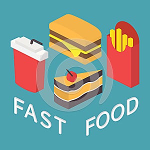 Fast food, 3d isometric flat set.