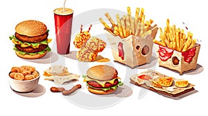 Fast food 3d realistic render vector icon set. Pizza, taco, hamburger, fries potatoes, ramen noodle soup, hot dog, popcorn,