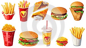 Fast food 3d realistic render vector icon set. Pizza, taco, hamburger, fries potatoes, ramen noodle soup, hot dog, popcorn,