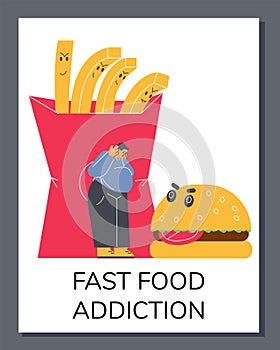Fast food addiction poster, flat vector illustration.
