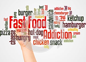 Fast food addiction word cloud and hand with marker concept