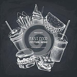 Fast food art. Engraved style design with vector drawing for logo, icon, label, packaging, poster. Street food festival menu with