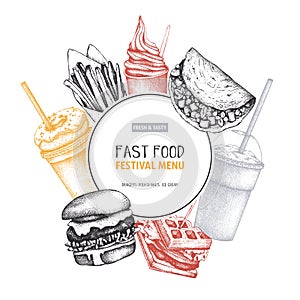 Fast food art. Engraved style design with vector drawing for logo, icon, label, packaging, poster. Street food festival menu with