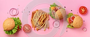Fast food banner. Juicy meat burgers with beef, tomato, cheese, onion, cucumber and lettuce on pink background. Top view, copy