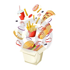 Fast food banner template. Design with coke, hamburger, popcorn, pizza. Cartoon vector.
