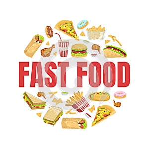 Fast Food Banner Template with Tasty Unhealthy Meals of Round Shape, Menu or Advertising Banner, Poster, Flyer, Brochure