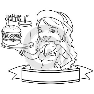 Fast food banner with a waitress serving a hamburger, fries and drink. Vector black and white coloring page