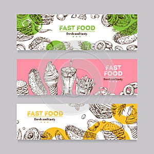 Fast food banners. Sketch burger, pizza, and snack, sandwich, ice cream and chips. Fast food restaurant horizontal