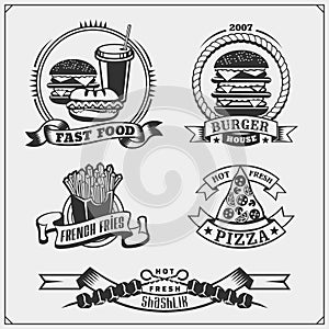 Fast food and BBQ grill labels, emblems and design elements. Burgers, pizza, hot dog and fries.