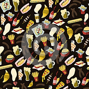 Fast food and beer seamless pattern in cartoon style with sausage, hot dog, pizza, french fries, goffe to go etc.