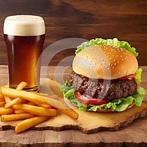 Fast food. A big burger with beef and beer.