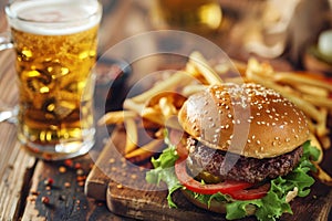 Fast food. A big burger with beef, fries and a glass of beer. Generative AI