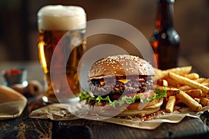 Fast food. A big burger with beef, fries and a glass of beer. Generative AI